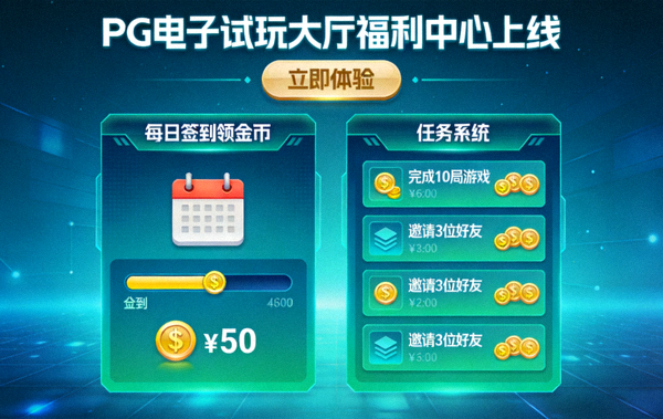 PG电子试玩大厅福利中心上线示意图，展示每日签到领金币与任务系统界面