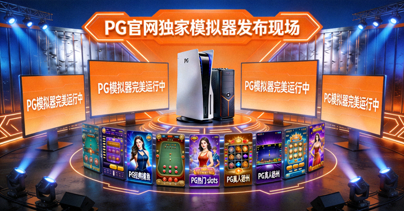 PG官网独家模拟器发布现场展示图，呈现橙色与藏蓝色调的科技感发布场景，展示PG模拟器完美运行多款PG电子游戏的界面截图