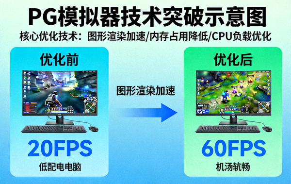 PG模拟器技术突破示意图，展示低配电脑高帧率运行PG电子游戏的优化效果
