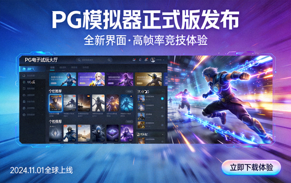 PG模拟器正式版发布宣传海报，展示PG电子试玩大厅全新界面与高帧率竞技体验