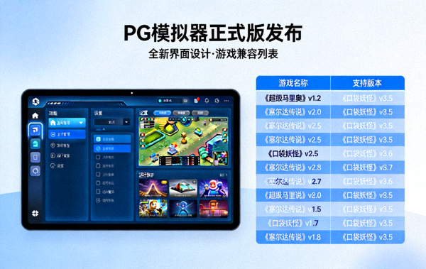 PG模拟器正式版发布新闻配图，展示全新界面设计与游戏兼容列表