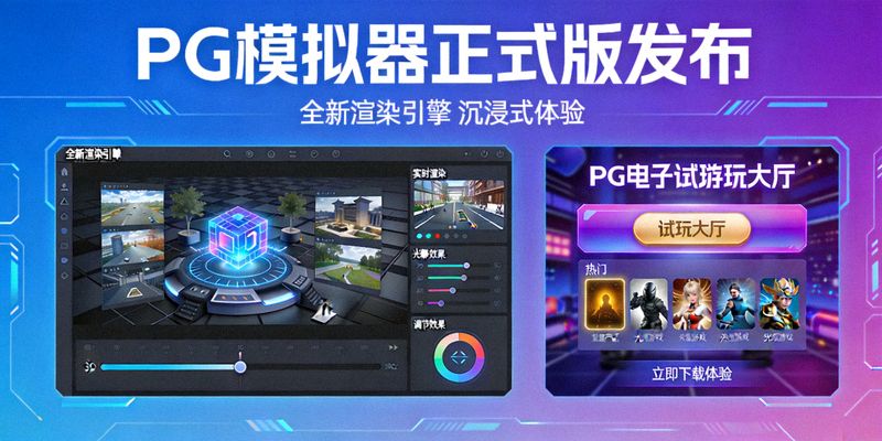 PG模拟器正式版发布宣传横幅，展示全新渲染引擎界面与PG电子试玩大厅入口的视觉海报
